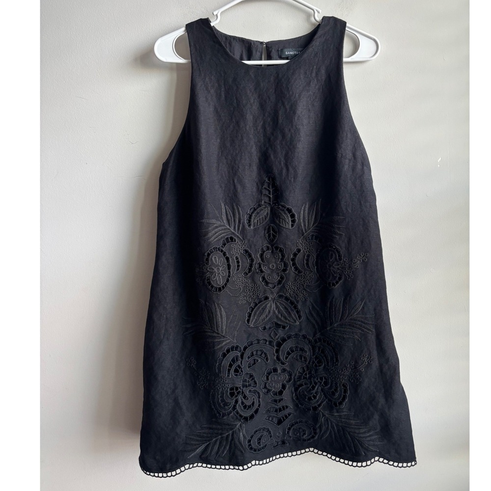 Sanctuary Black Embroidered Linen Blend Mini Dress Womens Size L